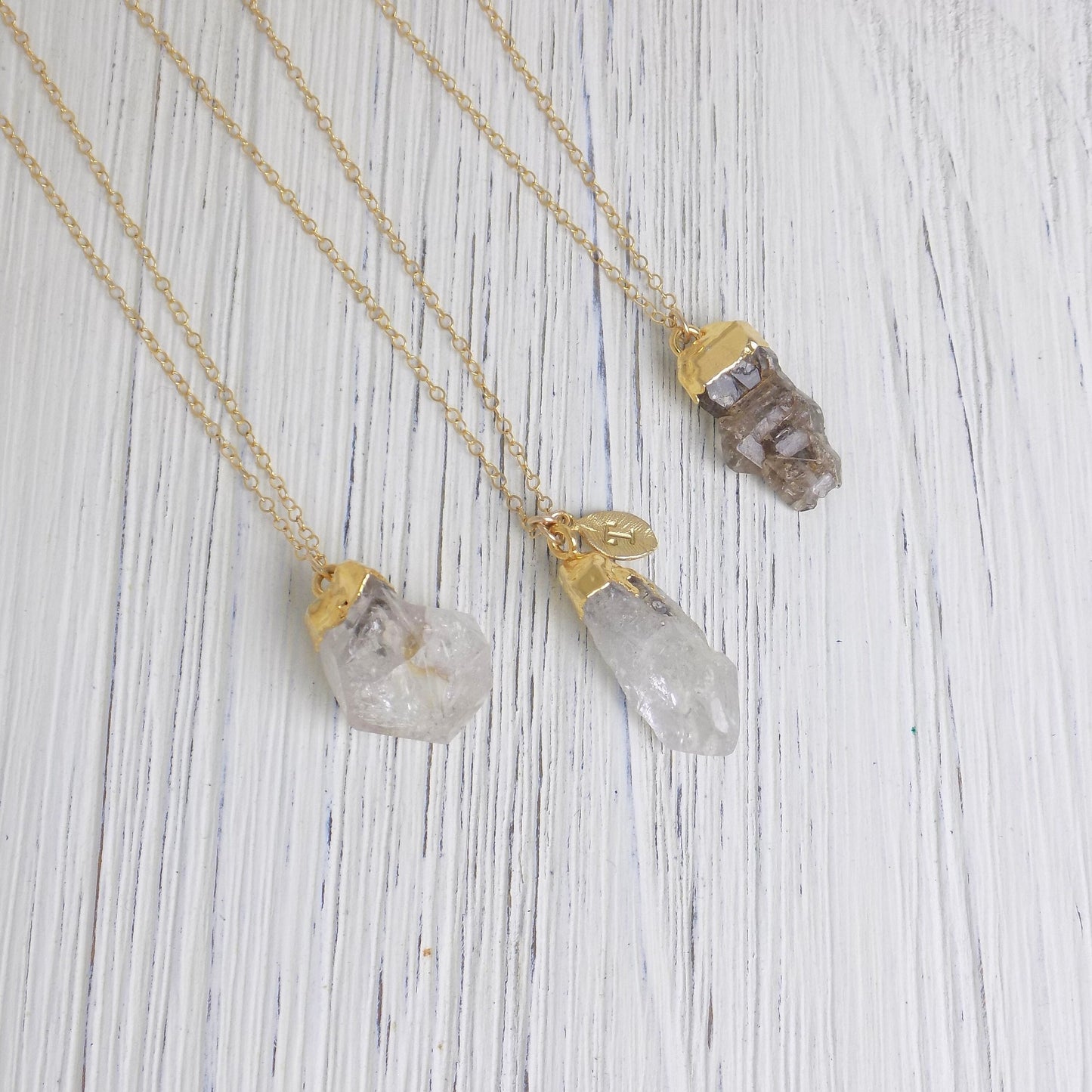 Custom Raw Herkimer Diamond Natural Gemstone Necklace on 14K Gold Filled Chain with Stamped Initial Charm, M6-29