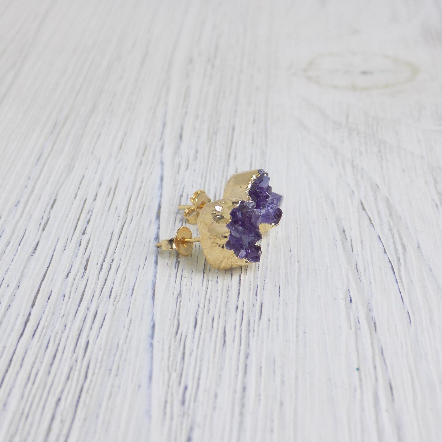 Purple Druzy Earrings Studs Gold Simple Everyday Jewelry - G13