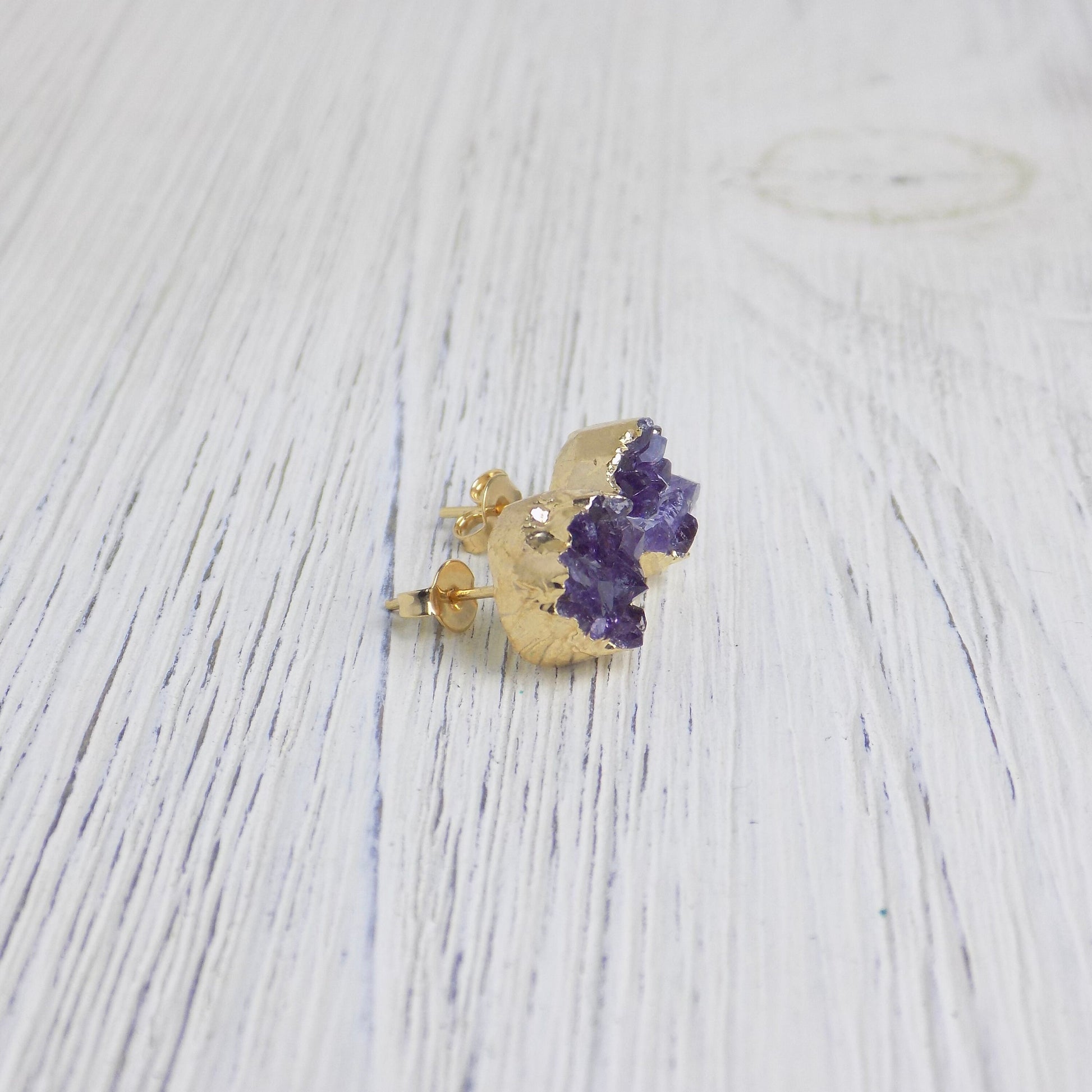 Purple Druzy Earrings Studs Gold Simple Everyday Jewelry - G13
