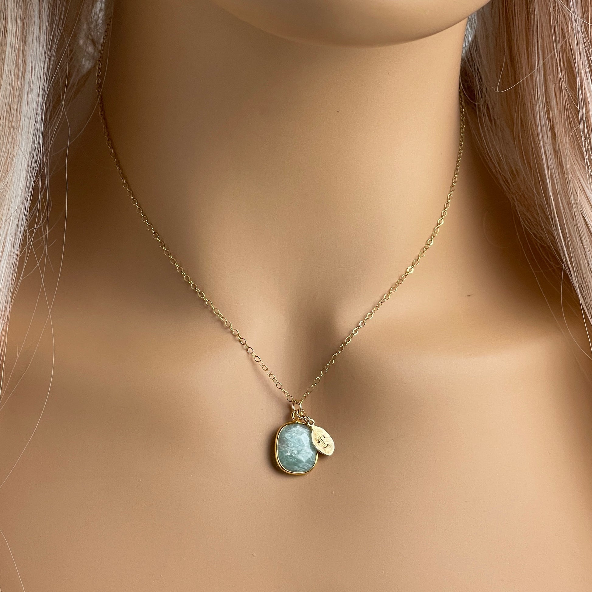 Personalized Sea Green Crystal Pendant, Amazonite Necklace, 14K Gold Filled Chain, Stamped Custom Initial, Bridesmaid Gift,  M6-37
