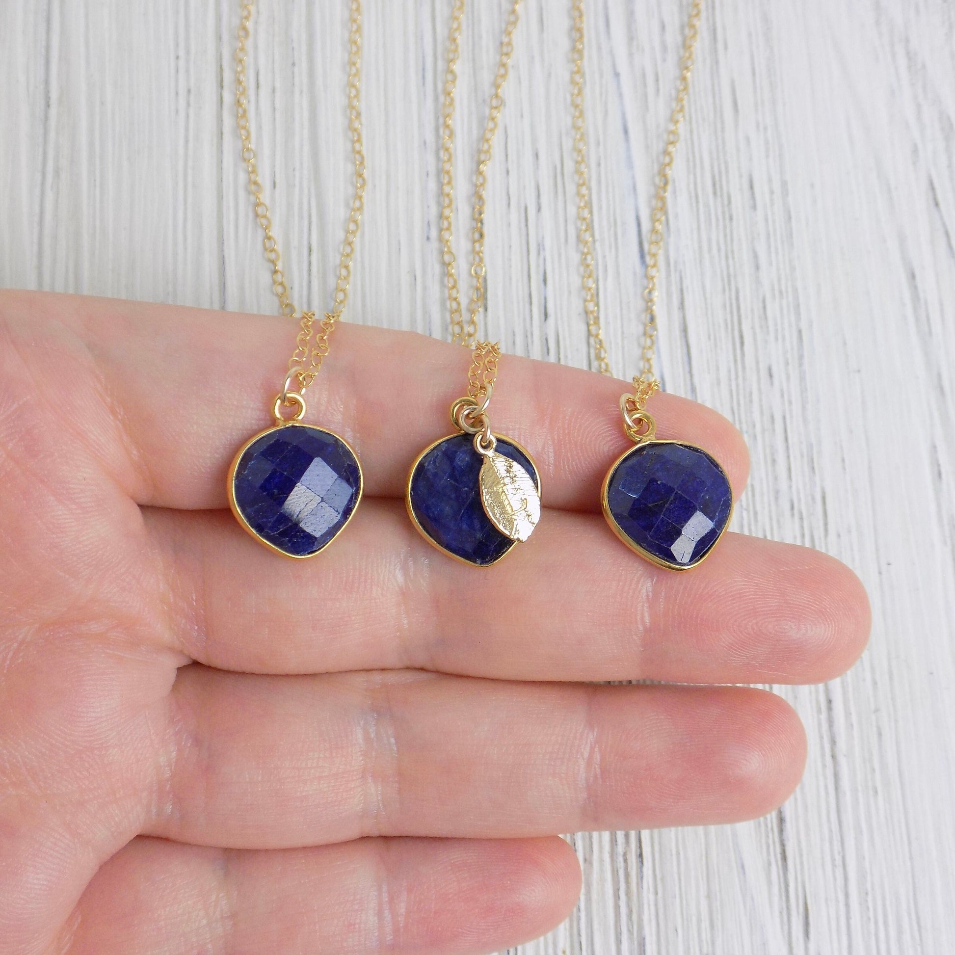 Natural Blue Sapphire Gemstone Necklace With Custom Initial on 14K Gold Filled Chain, M5-398