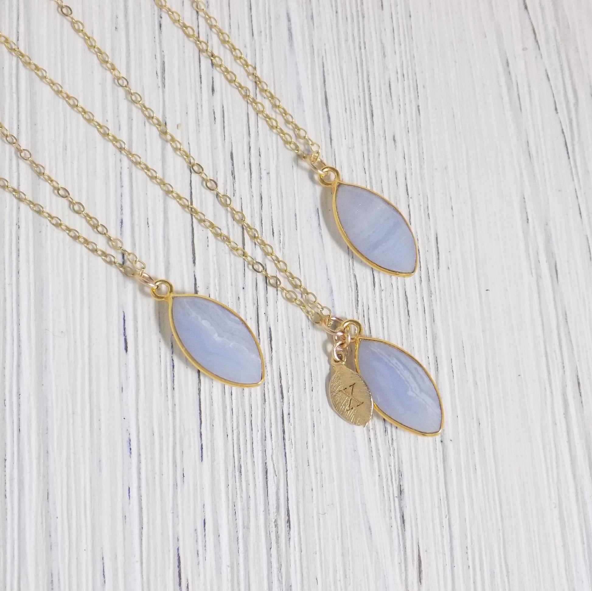 Natural Blue Lace Agate Necklace With Custom Initial on 14K Gold Filled Chain, M4-53