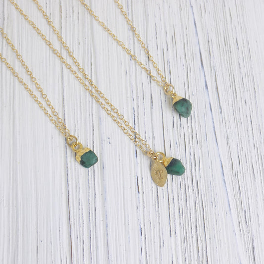 Green Emerald Necklace, Tiny Raw Emerald Necklace Personalized, 14K Gold Filled Chain, Genuine Emerald, Gift For Best Friend, M6-49
