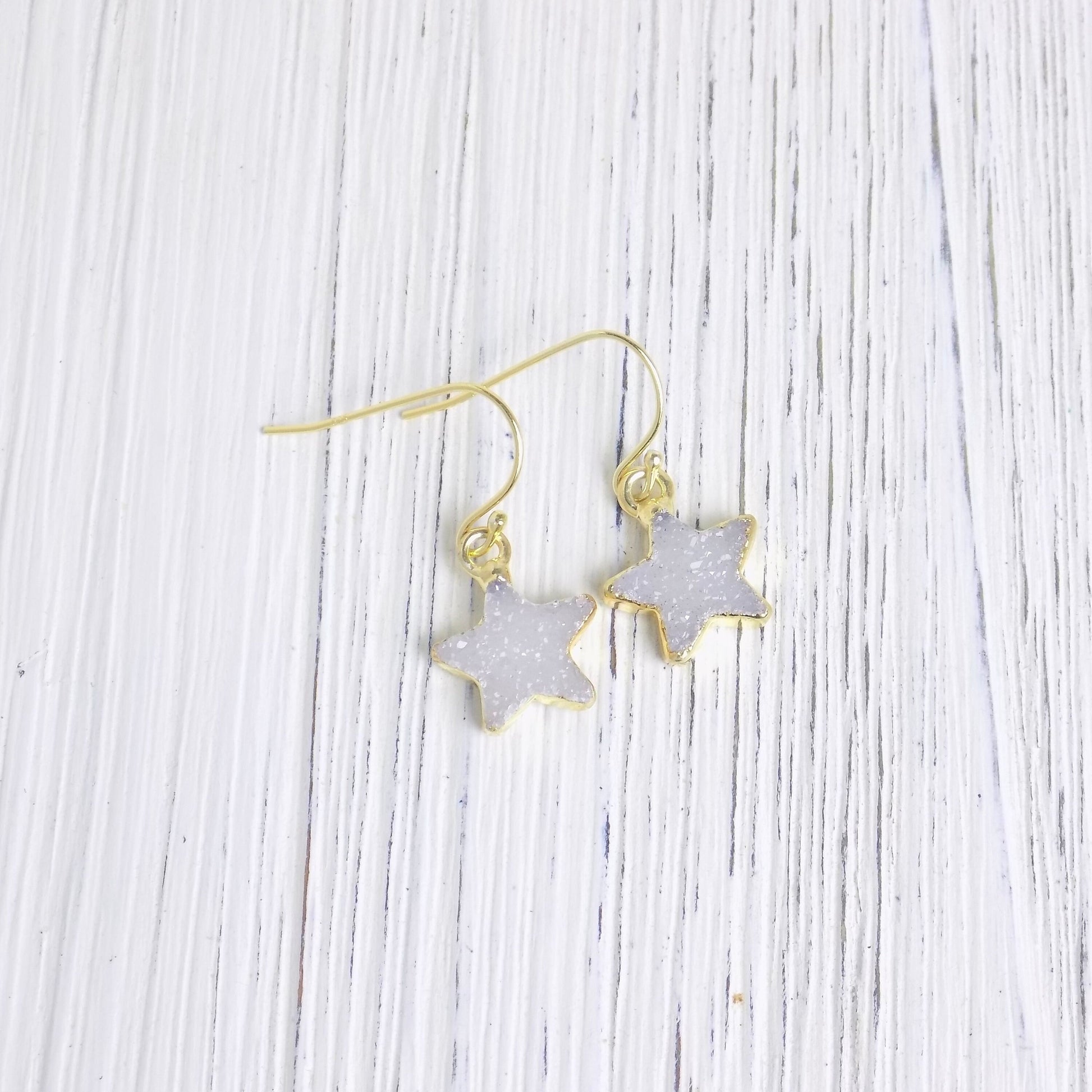 Gifts For Her, Small Star Druzy Drop Earrings Gold Dipped Sparkly, R11-10