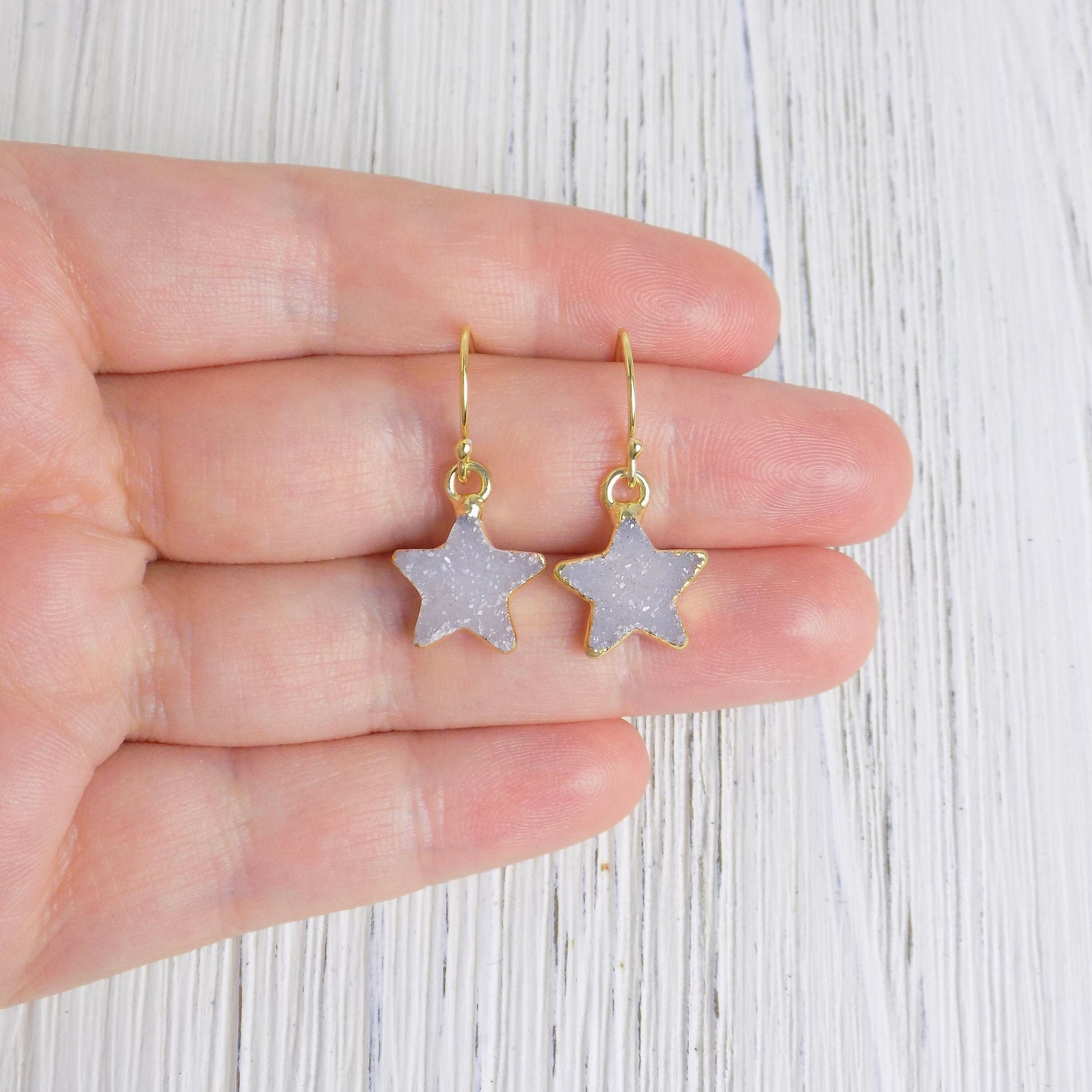 Gifts For Her, Small Star Druzy Drop Earrings Gold Dipped Sparkly, R11-10