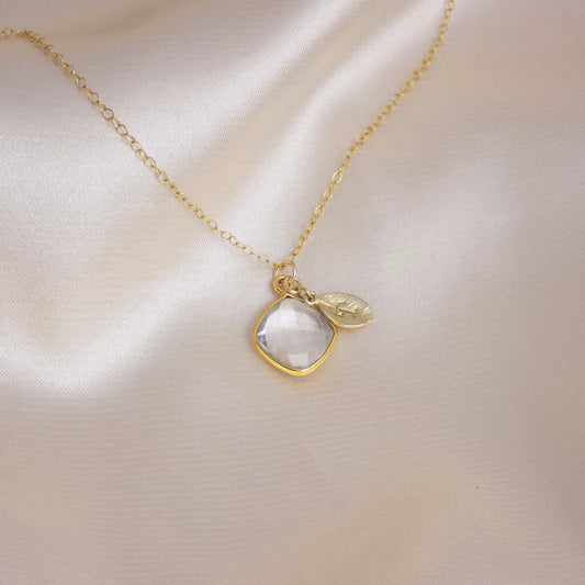 April Birthstone Natural Clear Crystal Gemstone Necklace Gold with Custom Initial, Gift For Mom, M6-60