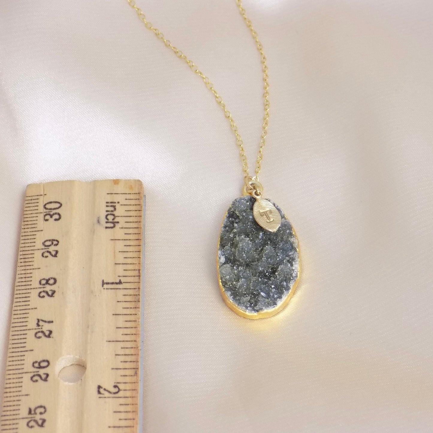 Personalized Natural Druzy Necklace Gold, Dark Gray Crystal Pendant, Christmas Gift For Her, G13-503