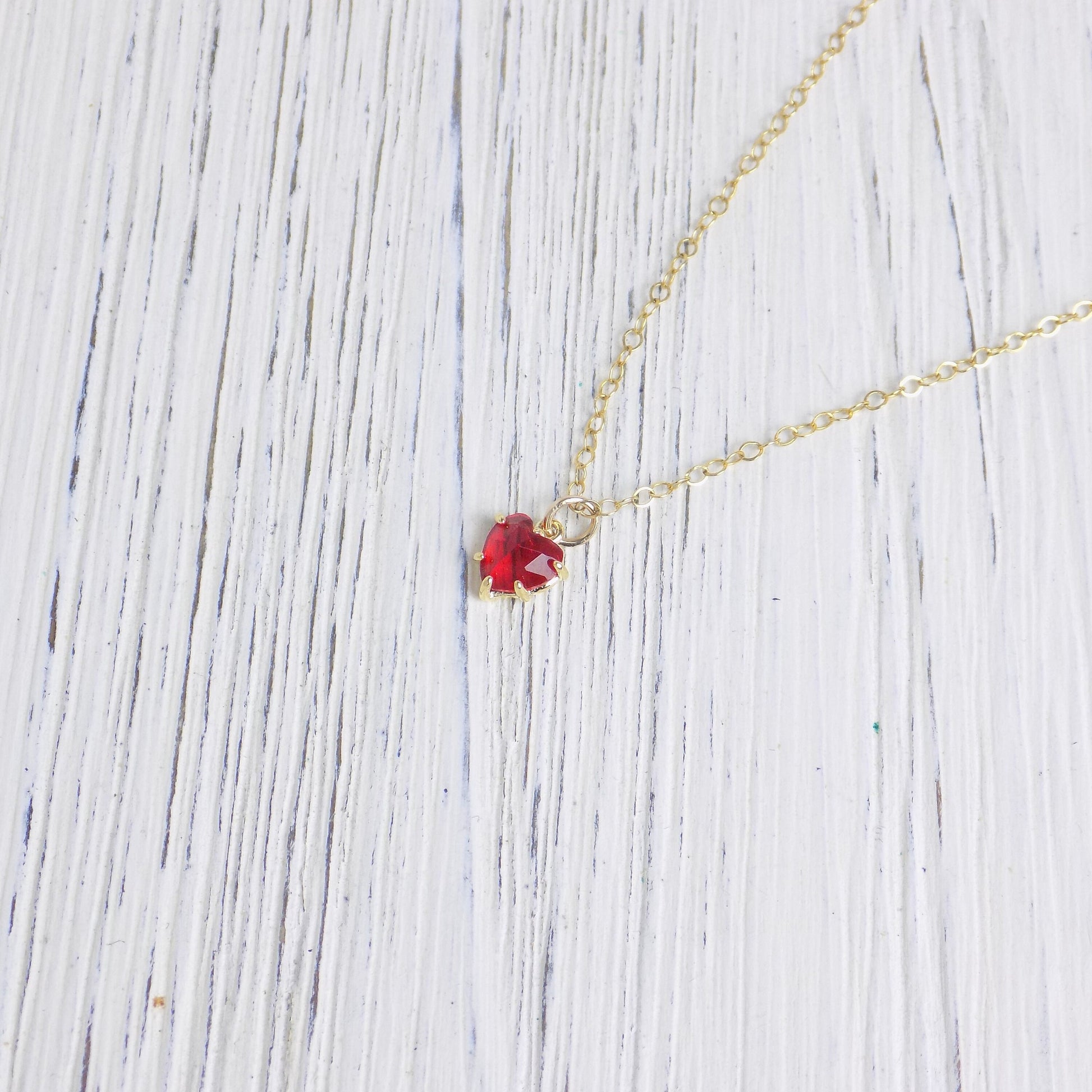 Tiny Red Heart Necklace Gold Cubic Zirconia Crystal on Gold Chain, Gift For Mom, M6-25