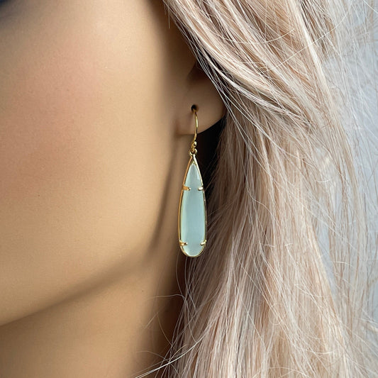 Gifts For Mom, Aqua Blue Chalcedony Earrings, Turquoise Long Drop Earrings, Large Gemstone Dangle, M6-26