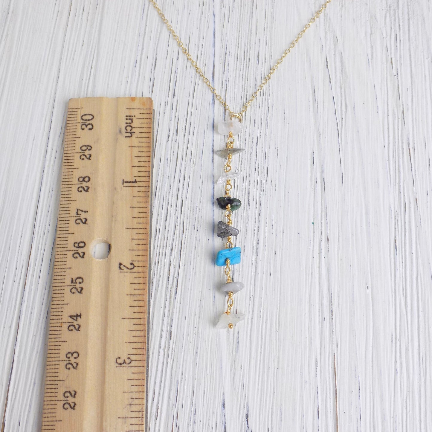 Gemstone Lariat Necklace, Colorful Crystal Y Necklace Gold, Labradorite Turquoise Aquamarine Rutilated Quartz, Gift For Mom, M6-28