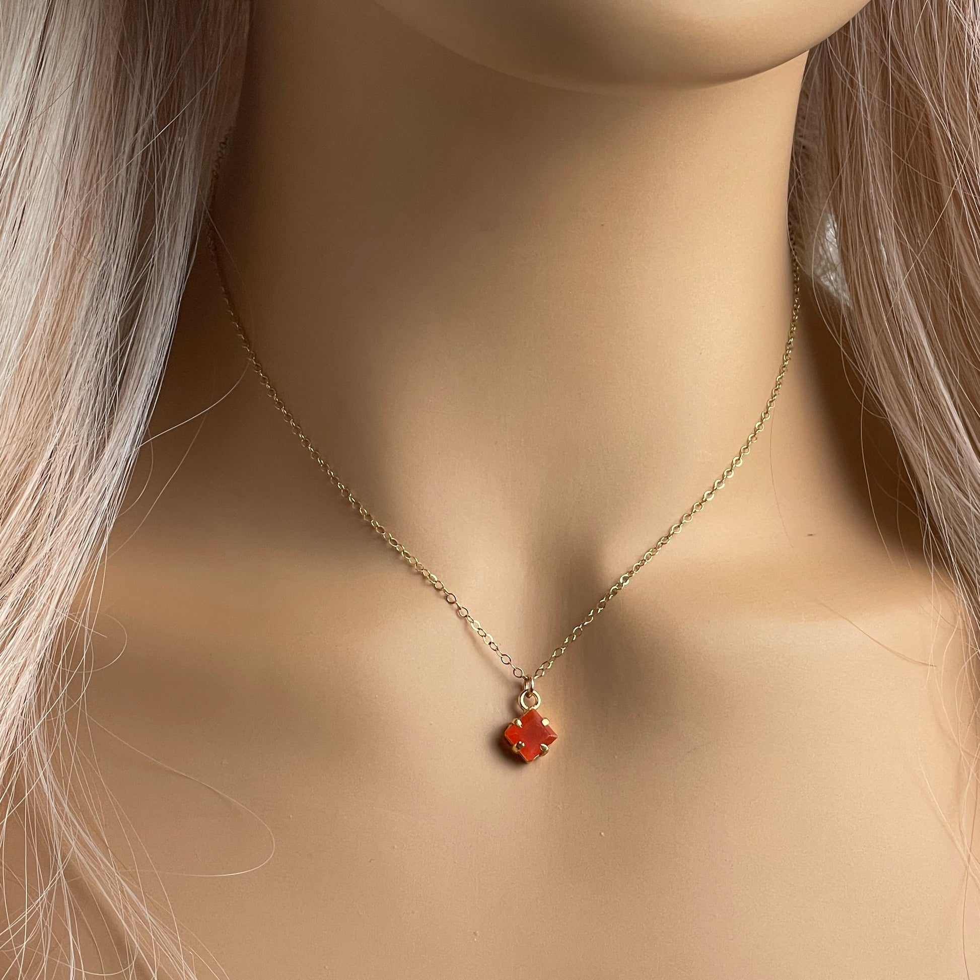 Tiny Carnelian Necklace, Orange Crystal Charm Necklace Layering, 14K Gold Filled Chain, Gift For Wife, M6-30
