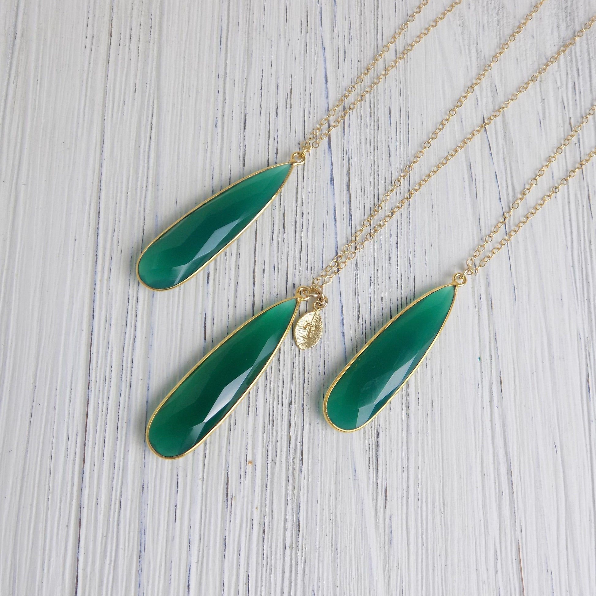 Gifts For Her, Large Green Onyx Necklace with Custom Initial Charm on 14K Gold Filled Chain, M6-36