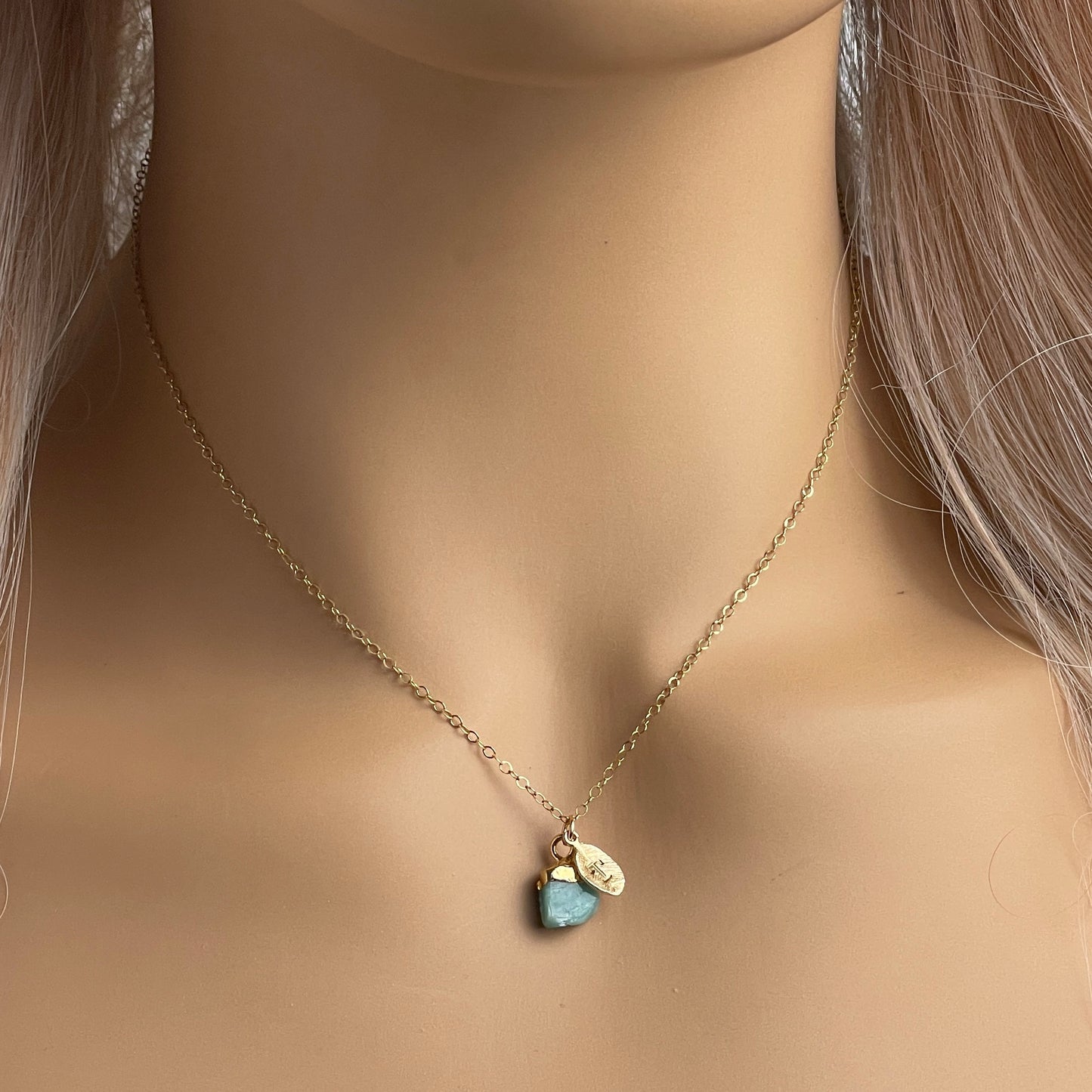 Small Raw Amazonite Necklace, Personalized Initial Charm, 14K Gold Filled Chain, Bridesmaid Gift, M6-45