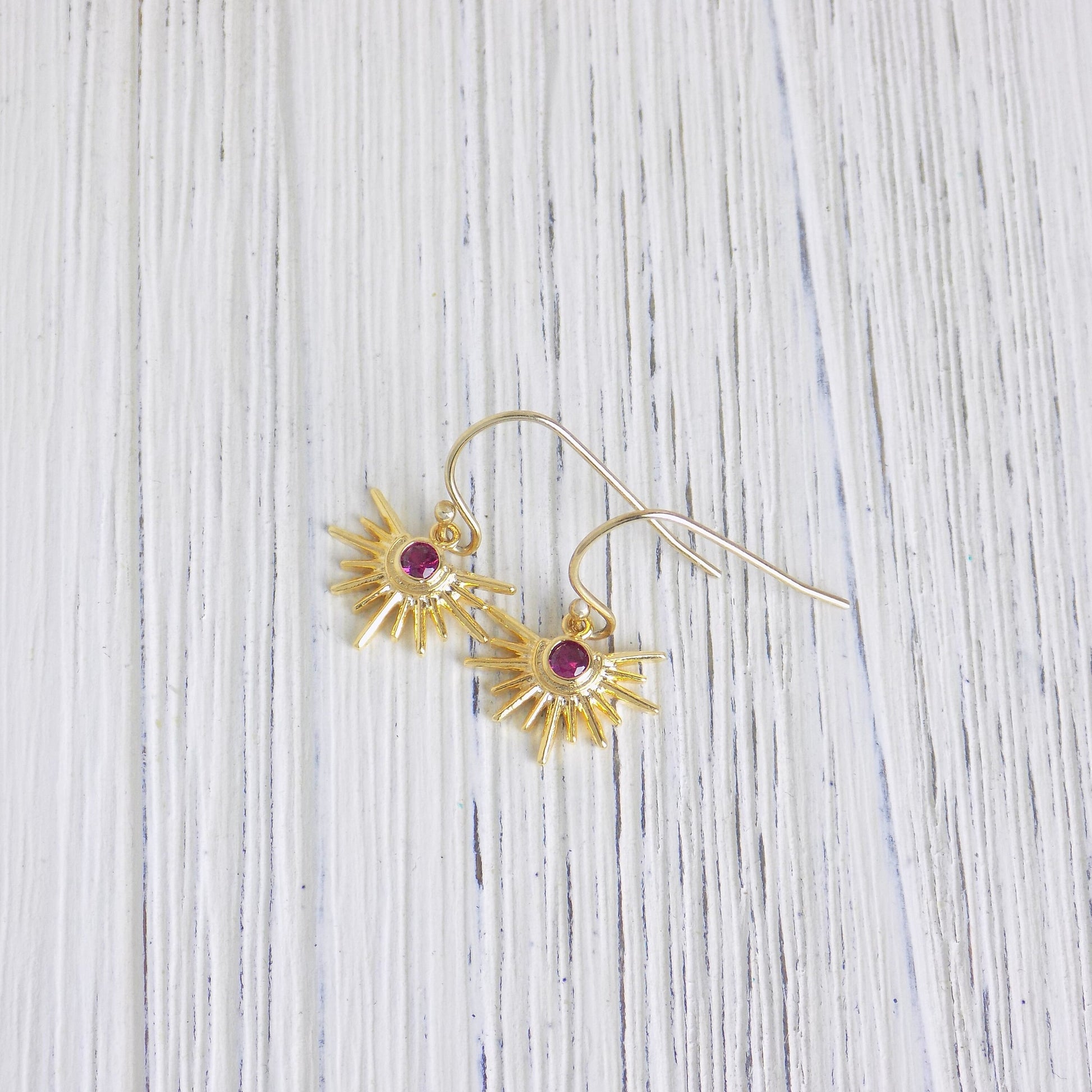 July Birthday Gift, Ruby Sun Earrings, Sun Burst Earrings Gold, Gift For Best Friend, M5-362