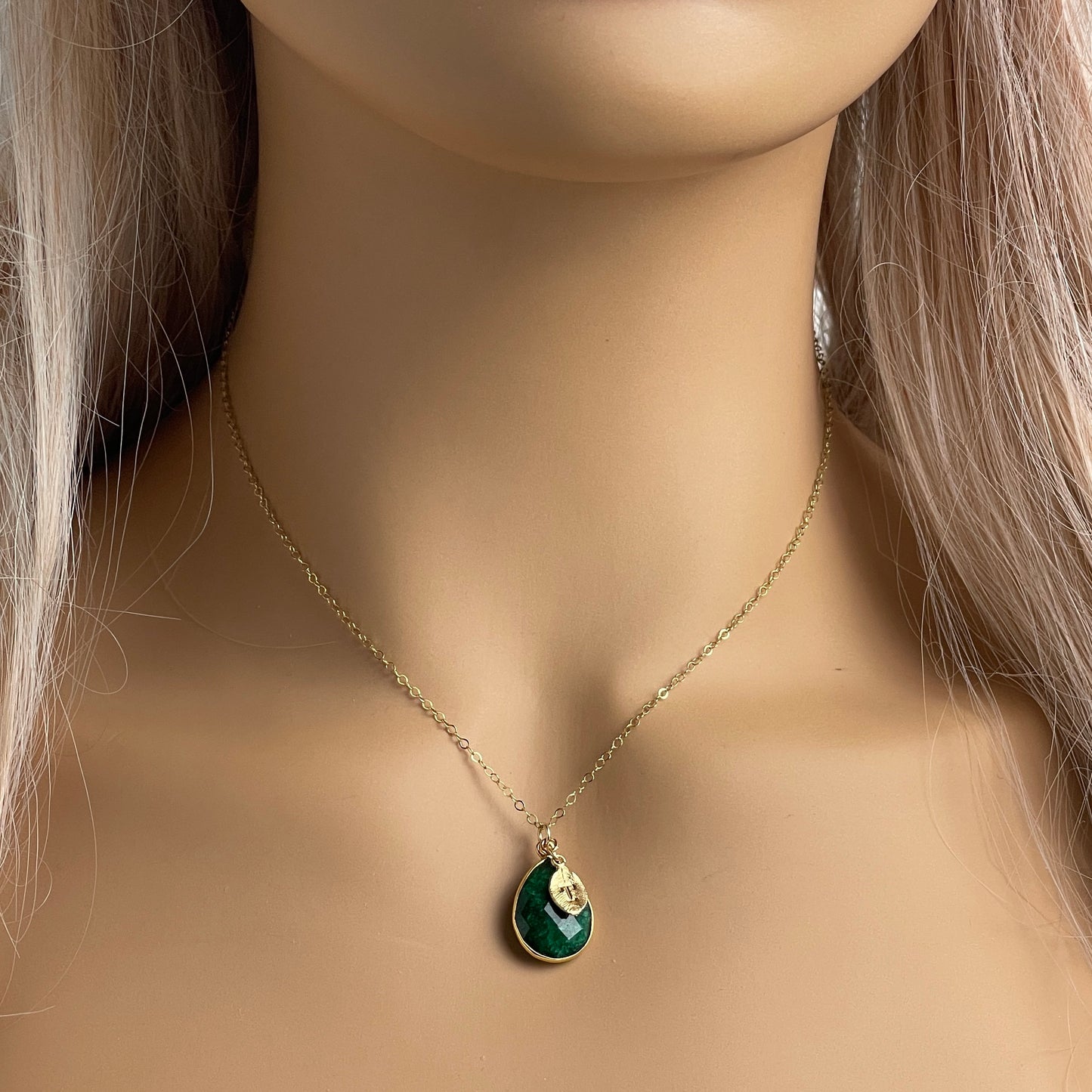 Green Emerald Gemstone Necklace Gold with Personalized Initial, Gifts For Mom, M1-02