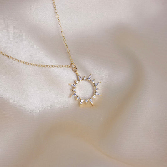Minimalist Sun Necklace with Cubic Zirconia Stones on 14K Gold Filled Chain, M6-588