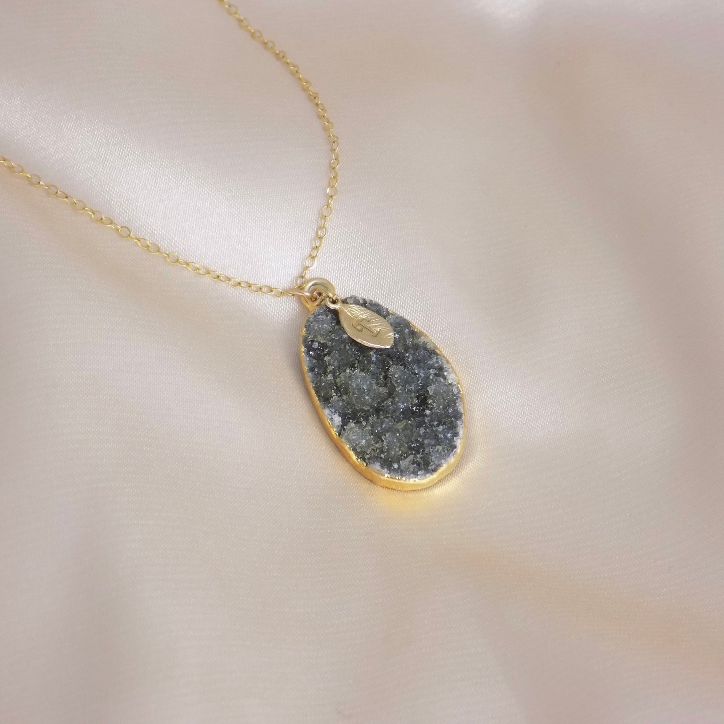 Personalized Natural Druzy Necklace Gold, Dark Gray Crystal Pendant, Christmas Gift For Her, G13-503
