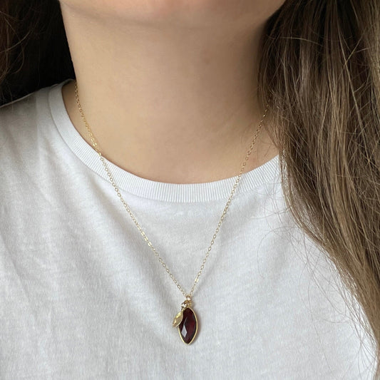 Christmas Gift, Garnet Necklace Gold Personalized, Dark Red Crystal Pendant, Bridesmaid Gift, M6-98