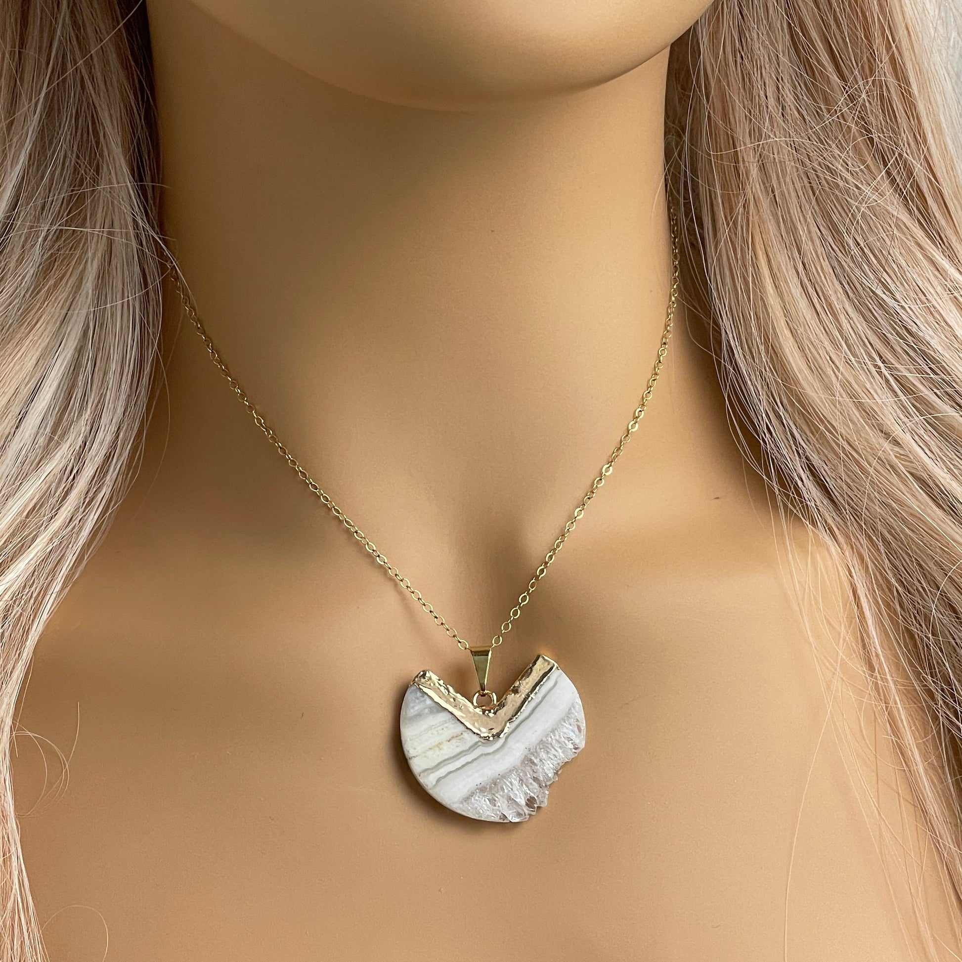 Unique White Amethyst Gemstone Necklace Gold, Boho Druzy Pendant, Mothers Day Gift, M7-40
