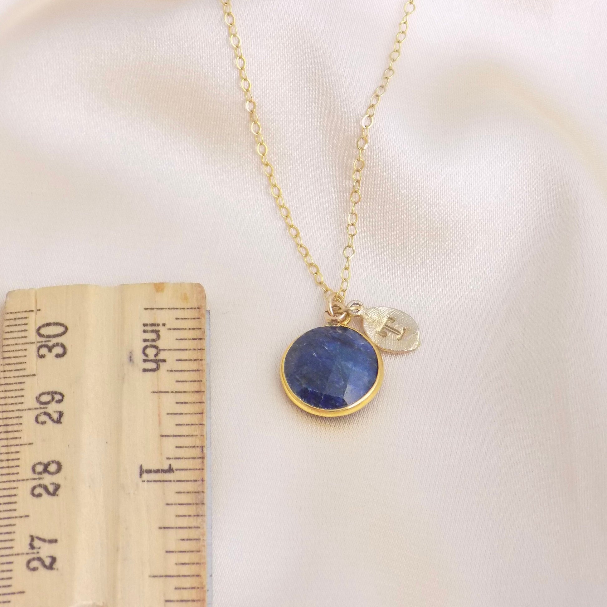 September Birthstone Raw Blue Sapphire Necklace Gold Personalized Initial, Navy Blue Gemstone For Layering, M6-99