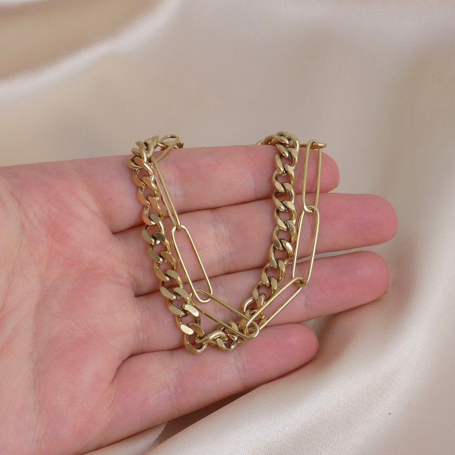 Gold Chain Bracelet Double Strand, Paperclip Chain, Boho Chunky Modern Bracelet, 18K Gold Stainless Steel, M6-117