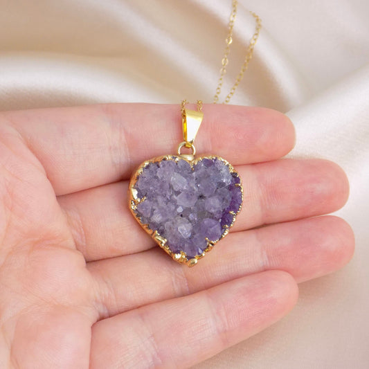 Mom Gift, Amethyst Heart Necklace Gold, Purple Druzy Pendant, Gifts For Grandma, Gift For Sister, M6-82