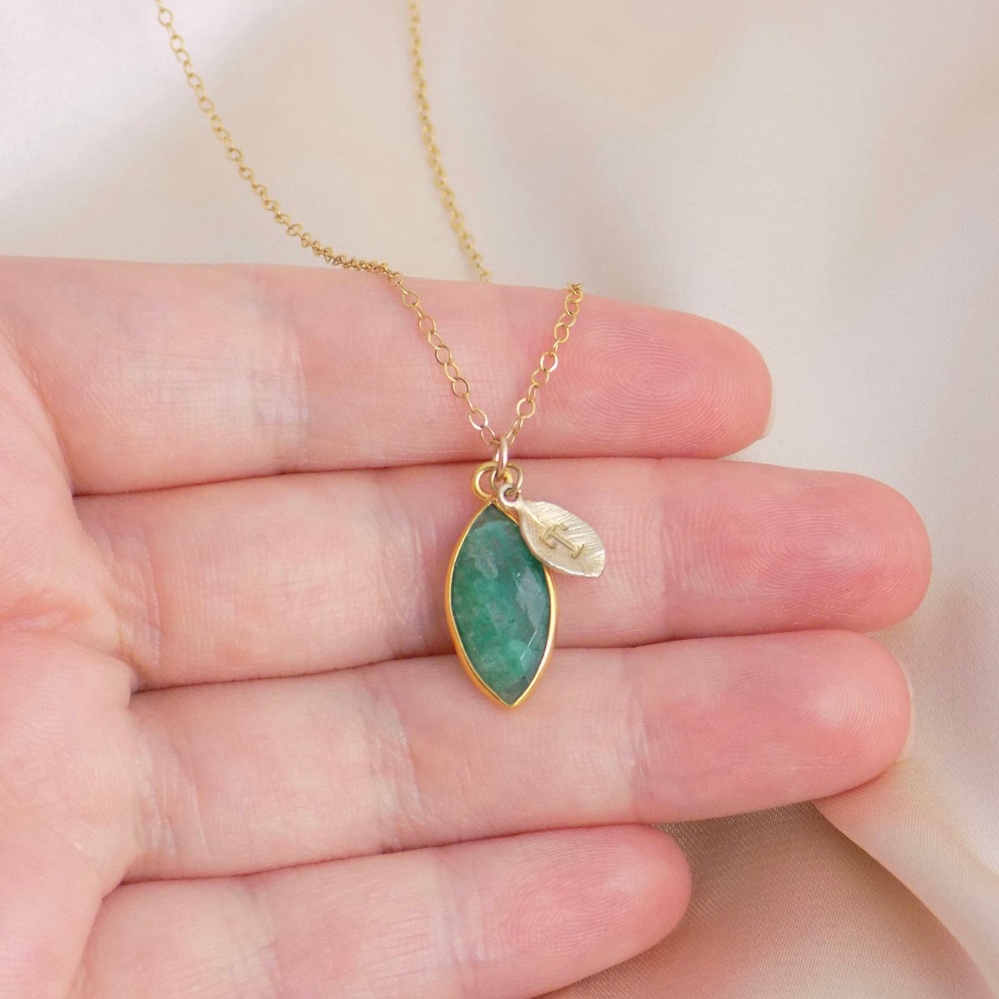Raw Emerald Necklace Personalized Gold Fill, May Birthstone Necklace, Genuine Emerald Marquise, May Birthday Gift For Wife, M6-88