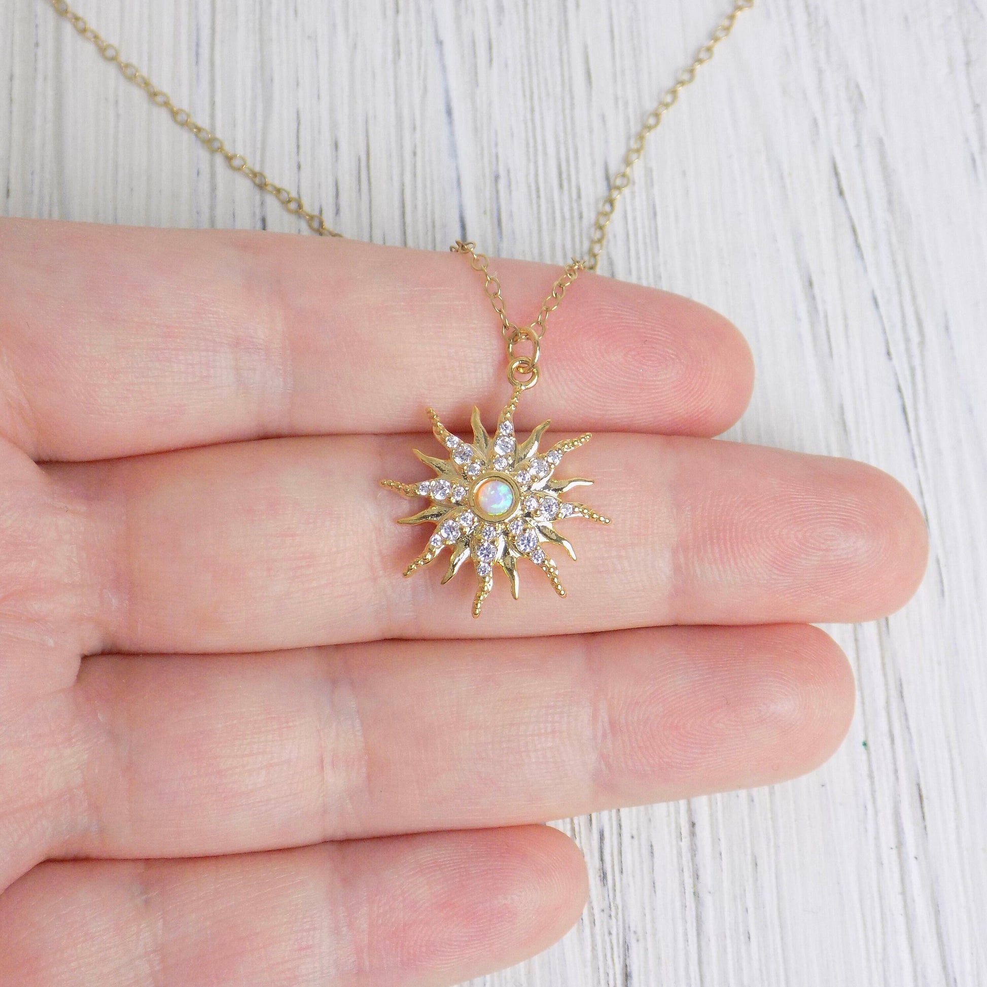 Opal Sun Necklace Gold, October Birthstone Charm, Zircon Sun Burst Pendant, Christmas Gifts For Her, M5-390