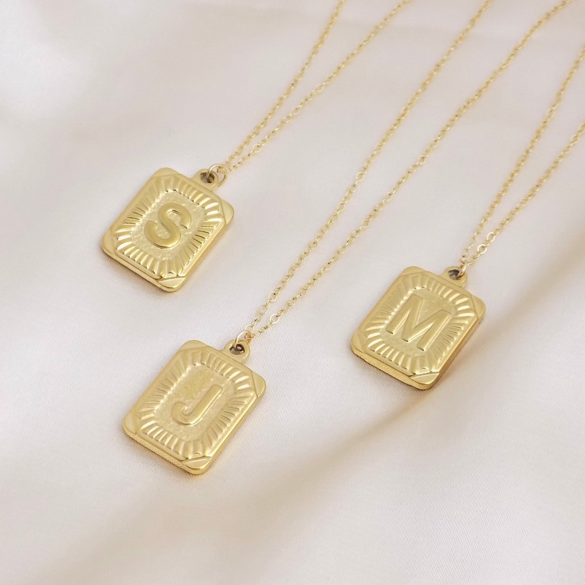 Large Tag Necklace Gold, Initial Charm, Tag Initial Pendant, 18K Stainless Steel or 14K Gold Filled, Personalized Layering Women, M6-133