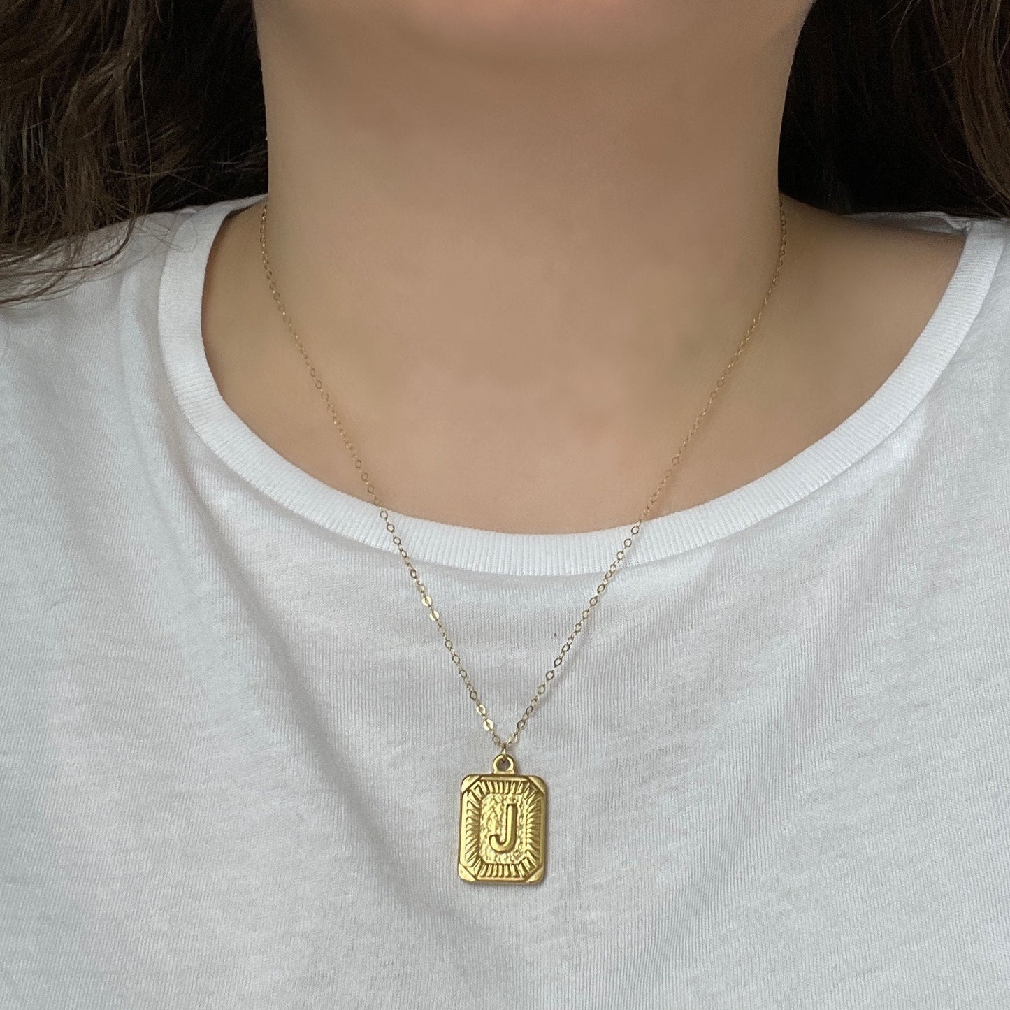 Large Tag Necklace Gold, Initial Charm, Tag Initial Pendant, 18K Stainless Steel or 14K Gold Filled, Personalized Layering Women, M6-133