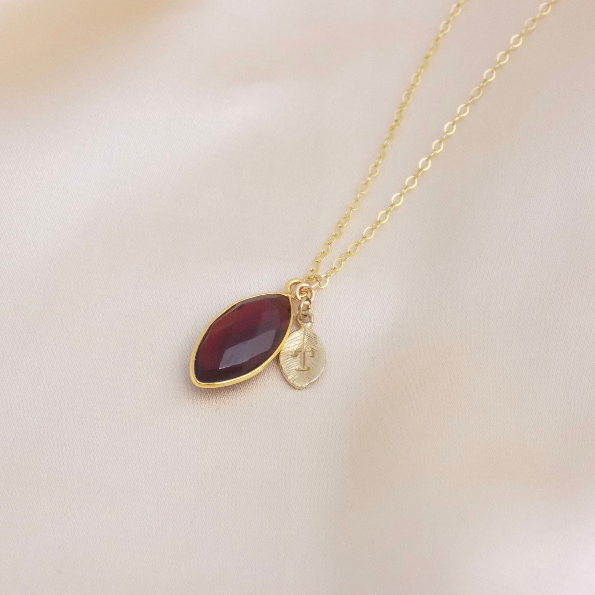 Christmas Gift, Garnet Necklace Gold Personalized, Dark Red Crystal Pendant, Bridesmaid Gift, M6-98