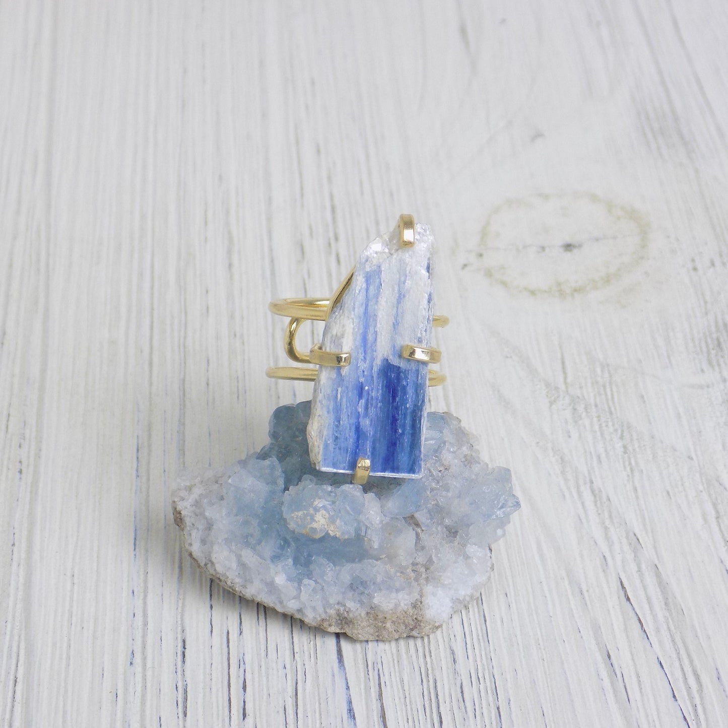 Unique Blue Kyanite Ring with Gold Plated Adjustable Band, Valentines Day Gift, G13-303