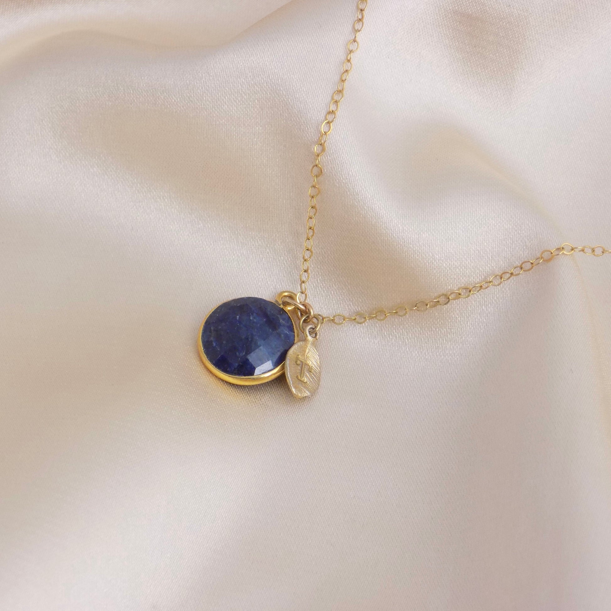 September Birthstone Raw Blue Sapphire Necklace Gold Personalized Initial, Navy Blue Gemstone For Layering, M6-99