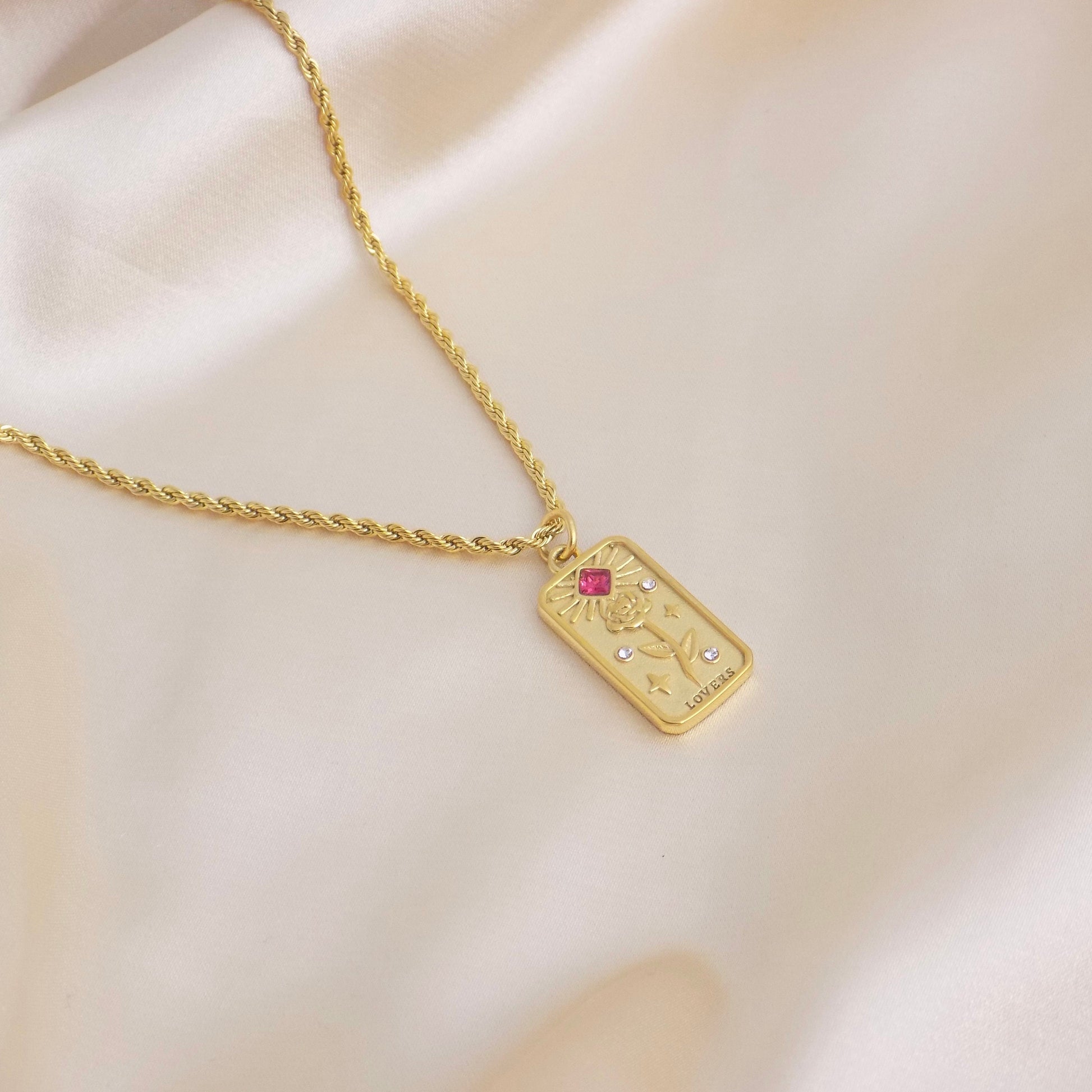 Tarot Card Necklace, Gold Tag Necklace, 18K Gold Stainless Steel Rope Chain, Ruby Flower Charm, Trendy Layering, M6-105