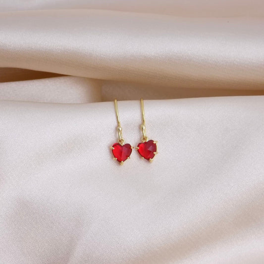 Valentines Day Gift, Tiny Red Heart Earrings Gold, Small Cubic Zirconia Heart Dangle Earring, M6-120