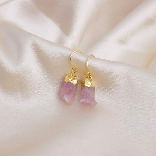 January Birthstone Raw Rose Quartz Natural Gemstone Earrings Gold Dipped, M6-150