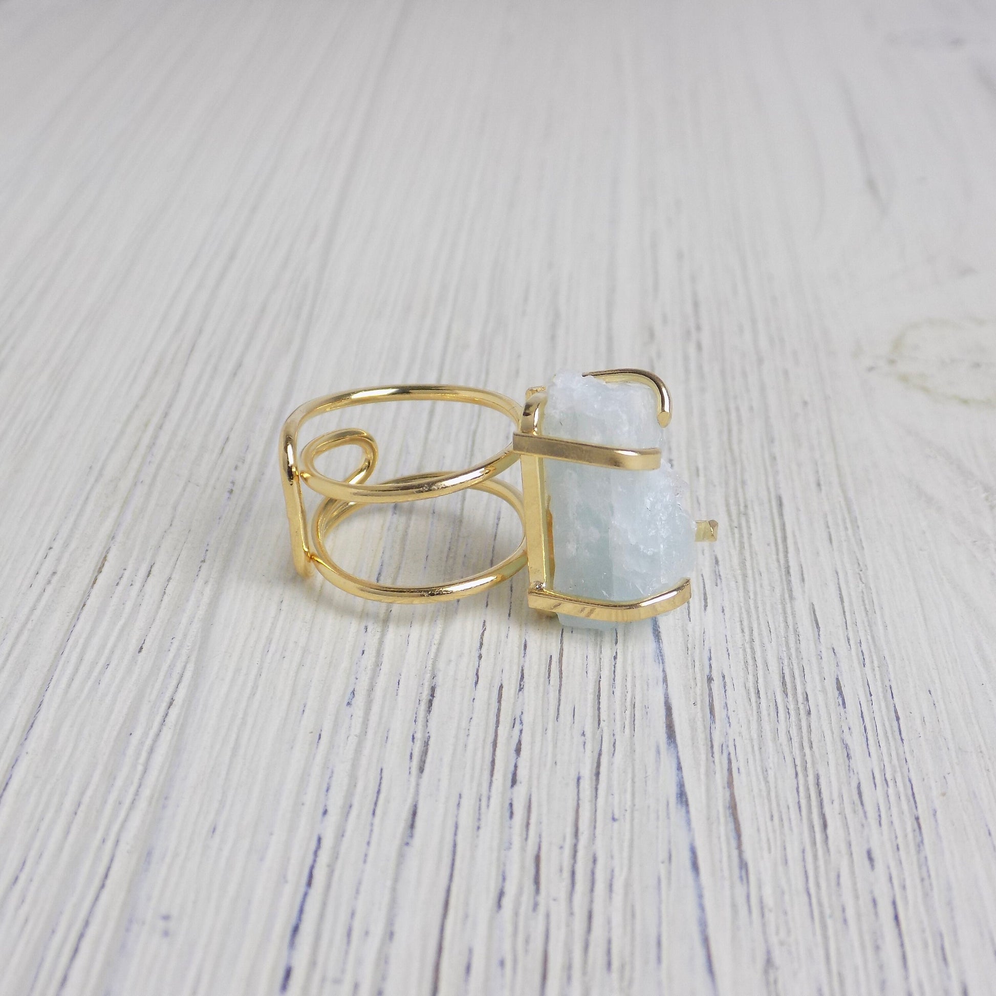 March Birthstone Raw Aquamarine Natural Gemstone Ring Gold Plated Adjustable, G14-12