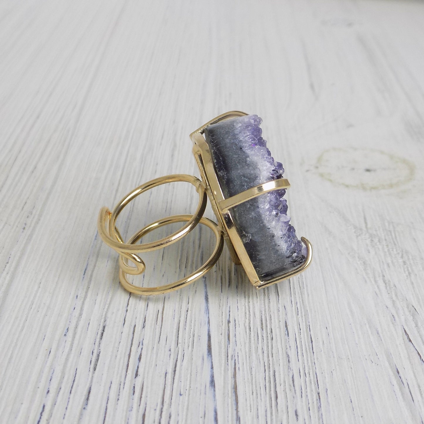 Large Raw Amethyst Statement Ring For Women, Gold Plated Adjustable, Gifts For Mom, G14-22