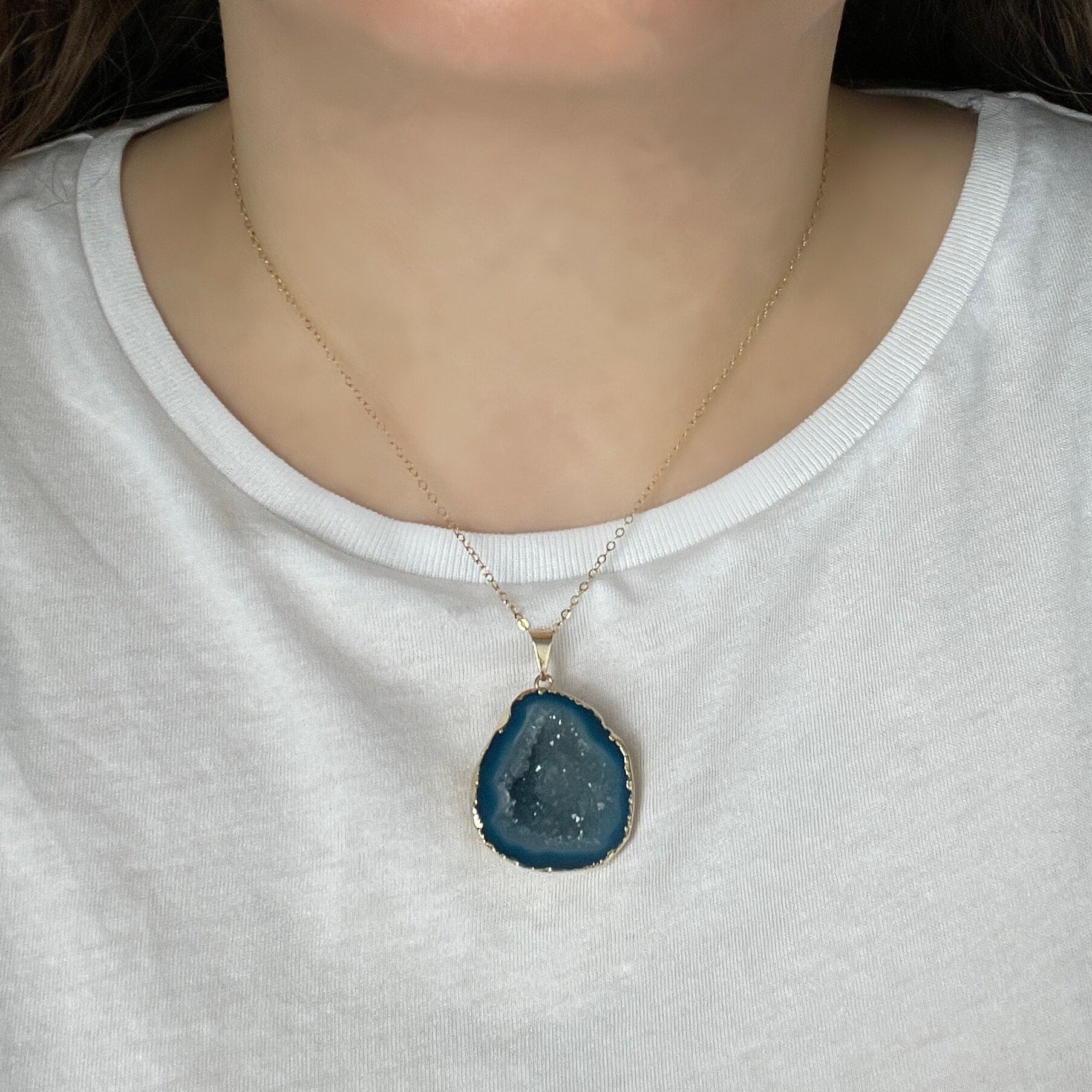 Turquoise Druzy Necklace, Small Geode Pendant, Crystal Pendant Gold Gemstone, Gift For Mom, G13-540