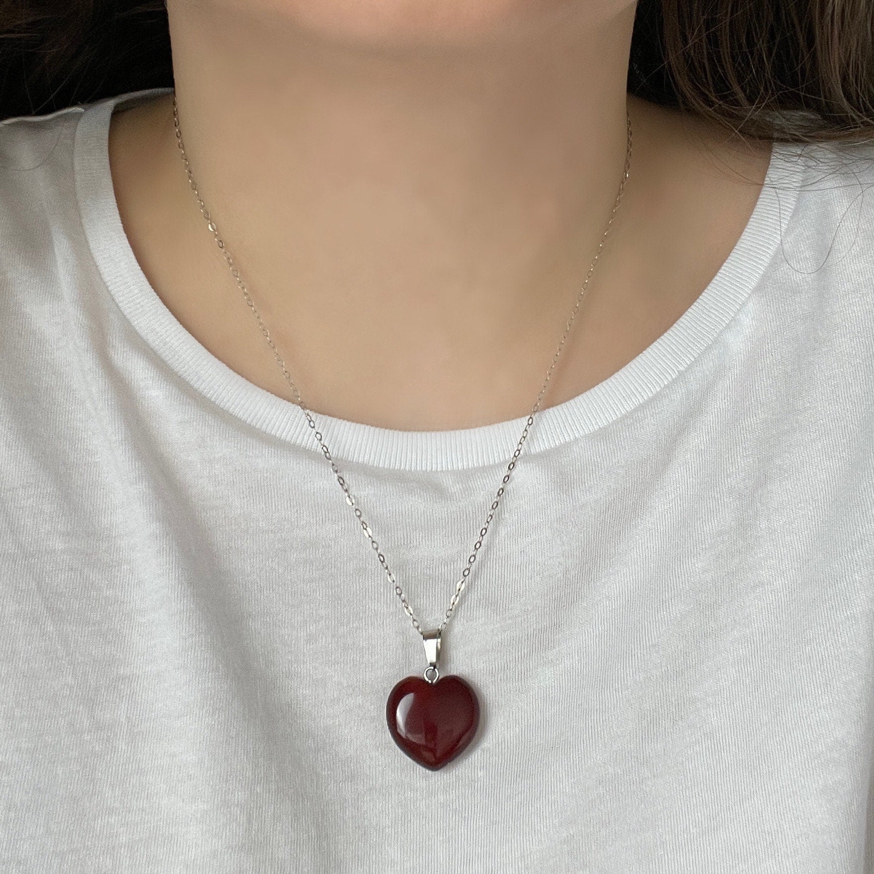 Carnelian Gemstone Necklace Silver, Heart Shaped Crystal For Layering, Boho Gifts For Her, M7-110