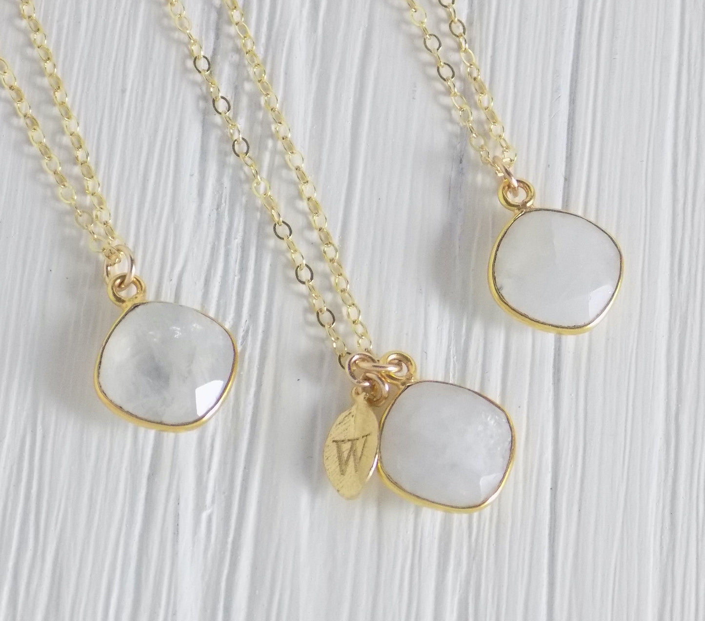 Valentines Day Gift, White Moonstone Necklace with Personalized Initial Charm on 14K Gold Filled Chain, M3-06