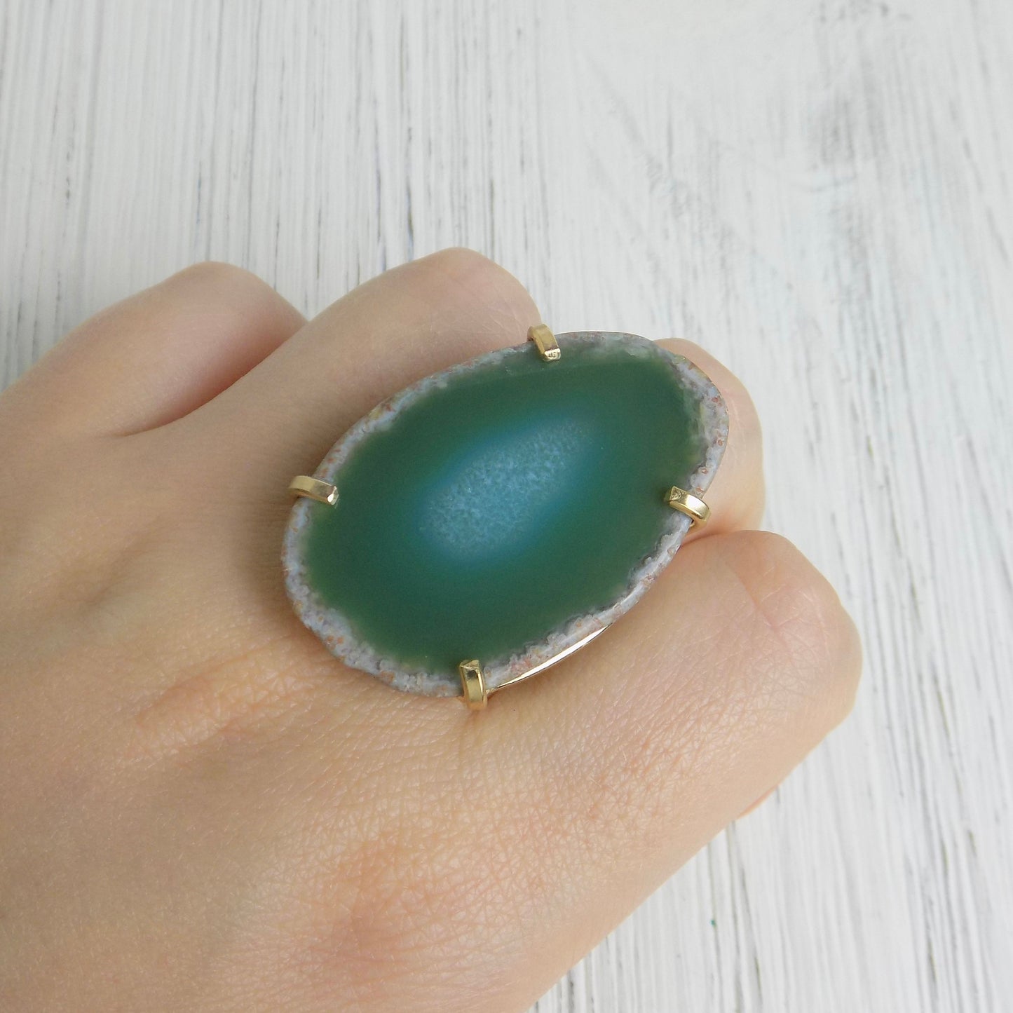 Dark Green Agate Ring, Gold Plated Adjustable Raw Crystal Ring For Women, G14-55