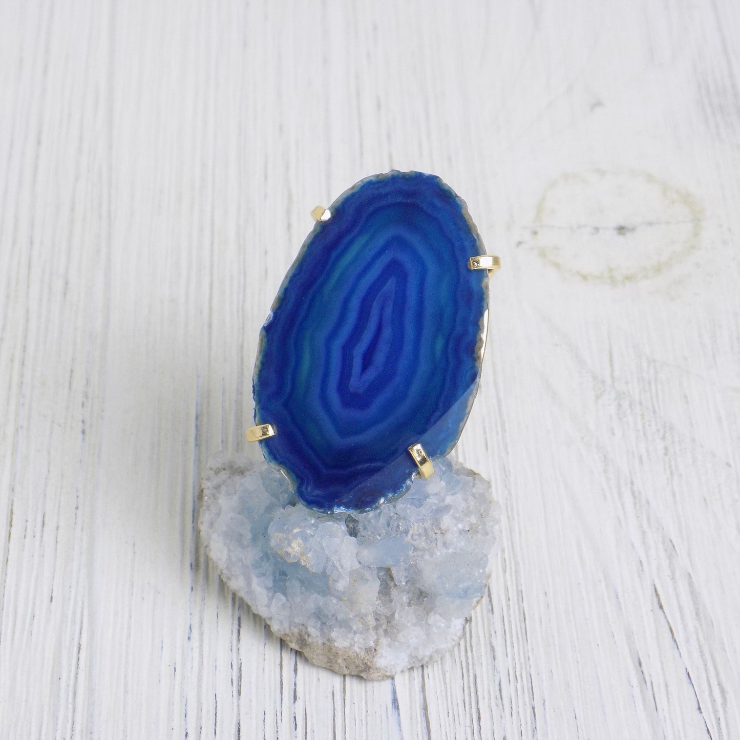 Raw Large Blue Agate Ring Gold Adjustable, Sliced Geode Cocktail Rings, Boho Crystal Statement Jewelry, G13-432