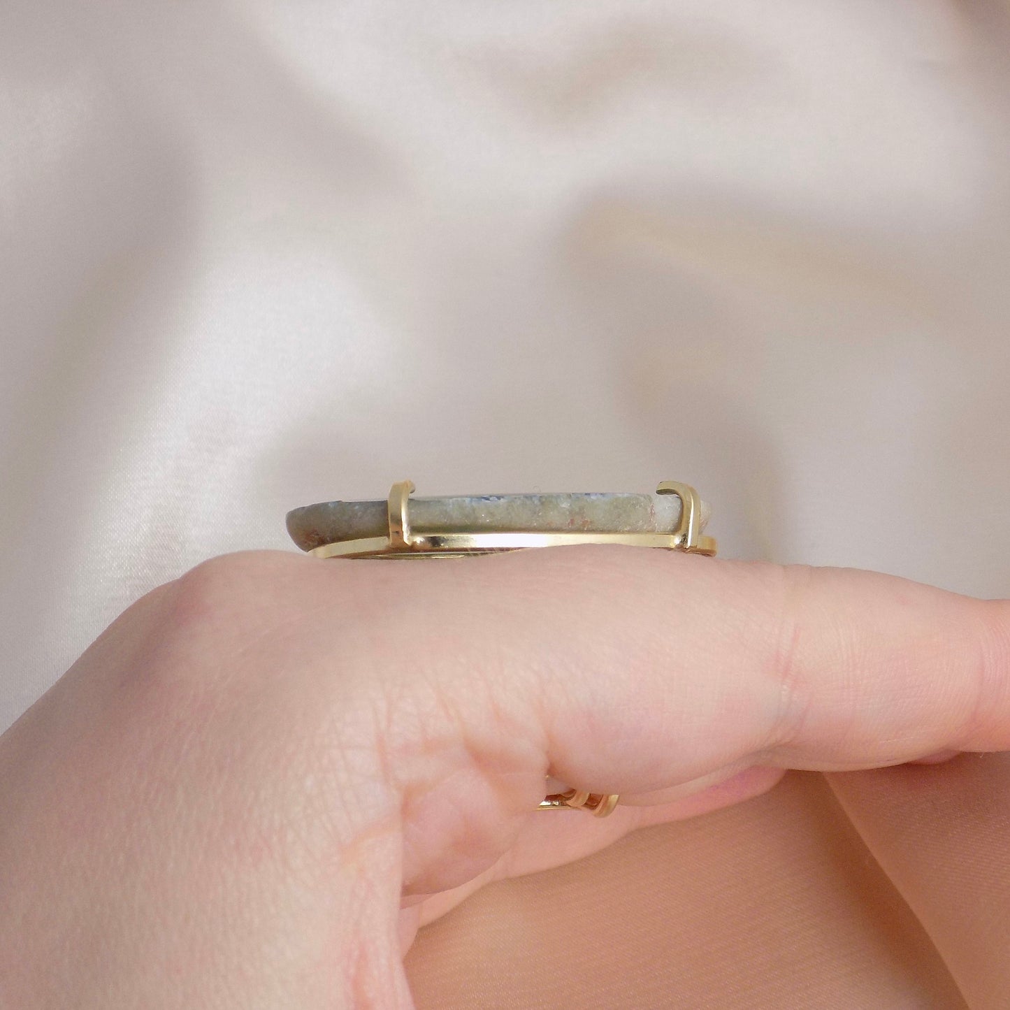 Natural Agate Ring Gold Adjustable - Green Boho Geode Ring