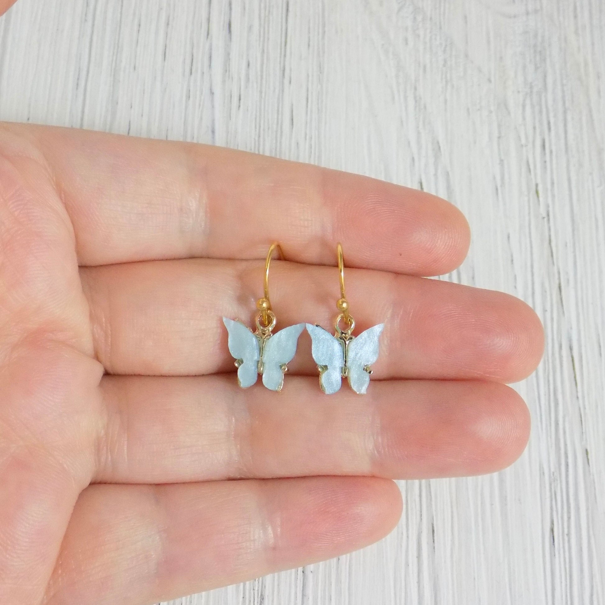 Small Butterfly Drop Earrings Blue and Gold Minimalist Dangle, L2-17