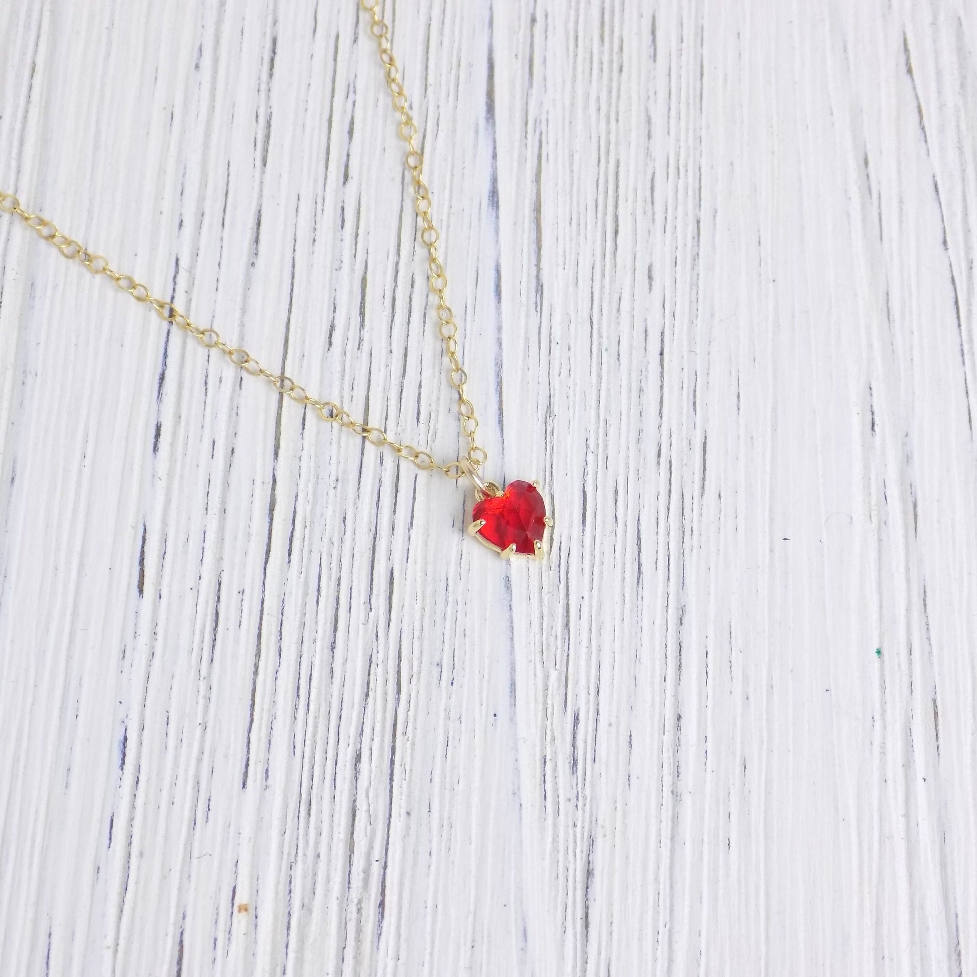 Tiny Red Heart Necklace Gold Cubic Zirconia Crystal on Gold Chain, Gift For Mom, M6-25