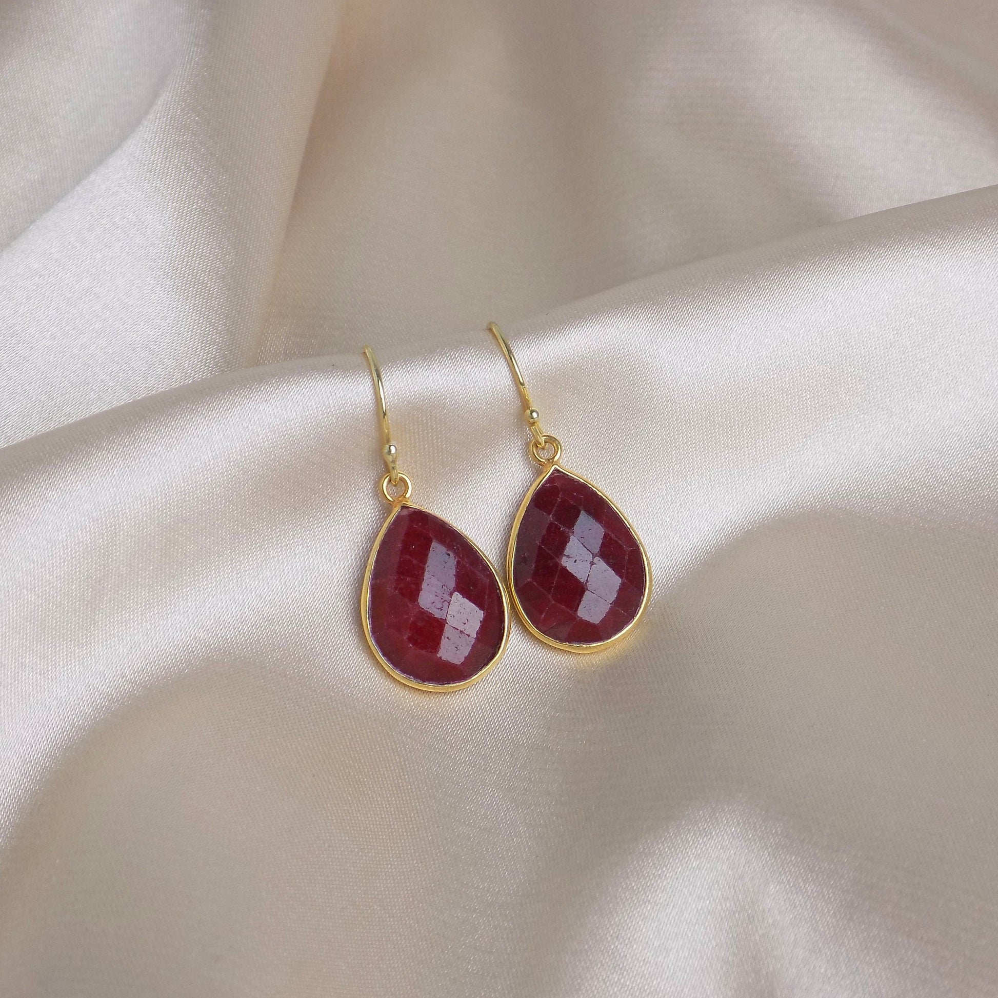 Teardrop Ruby Earrings, Gold Bezel Faceted Gemstones, Raw Genuine Ruby Red Dark Pink, M6-158
