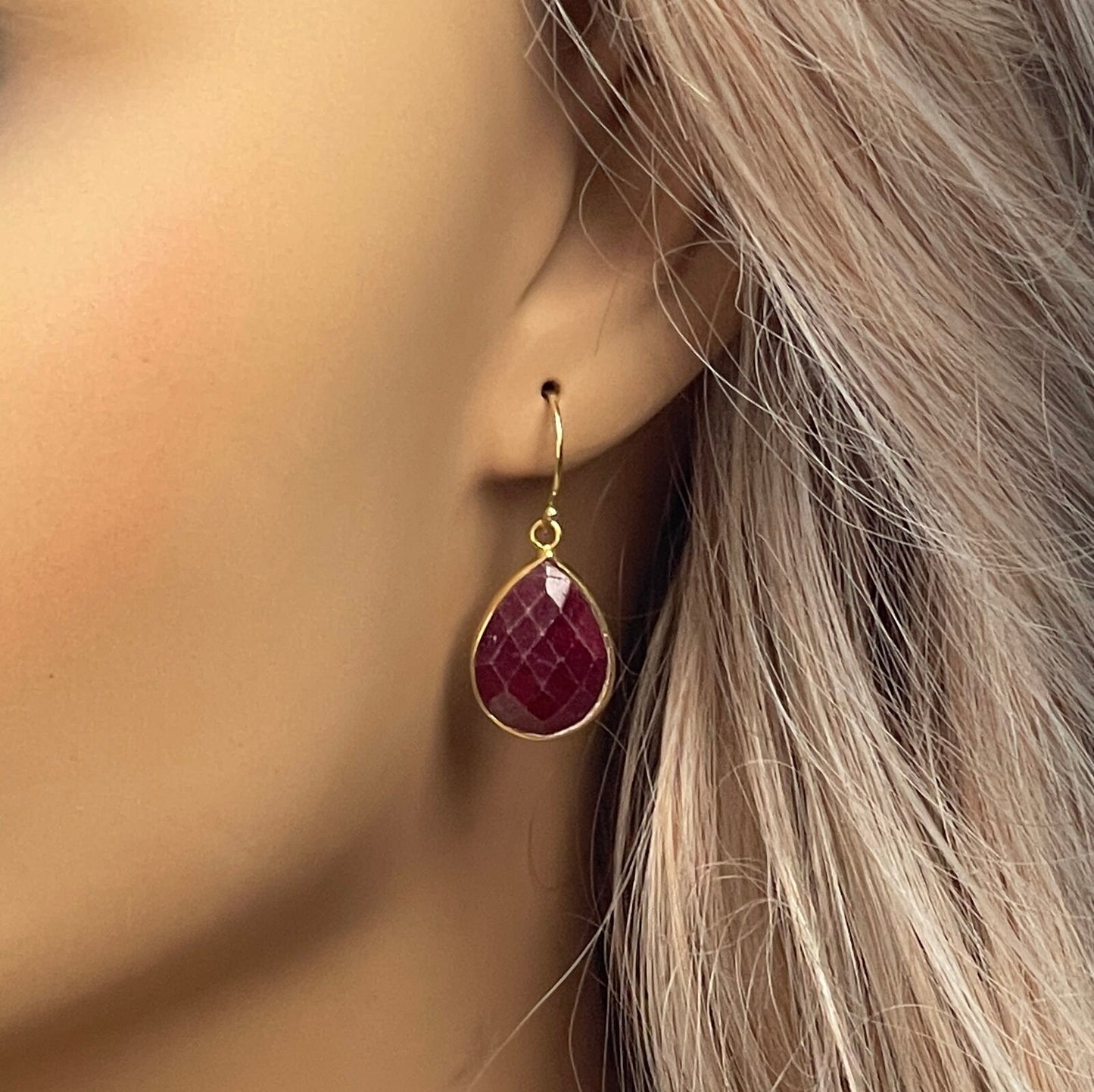 Teardrop Ruby Earrings, Gold Bezel Faceted Gemstones, Raw Genuine Ruby Red Dark Pink, M6-158