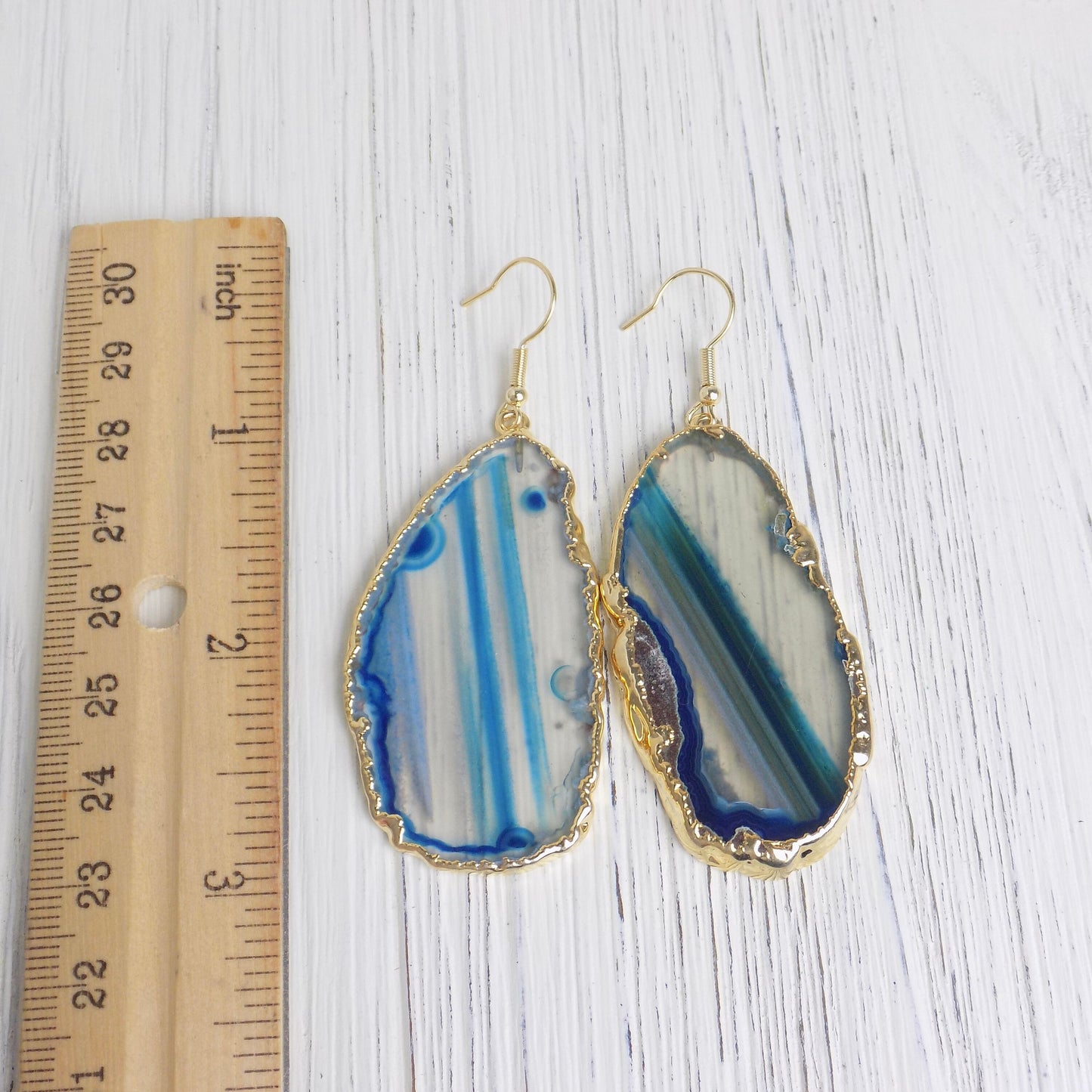 Large Statement Blue Agate Slice Dangle Earrings Gold Plated, Christmas Gift Women, G14-106