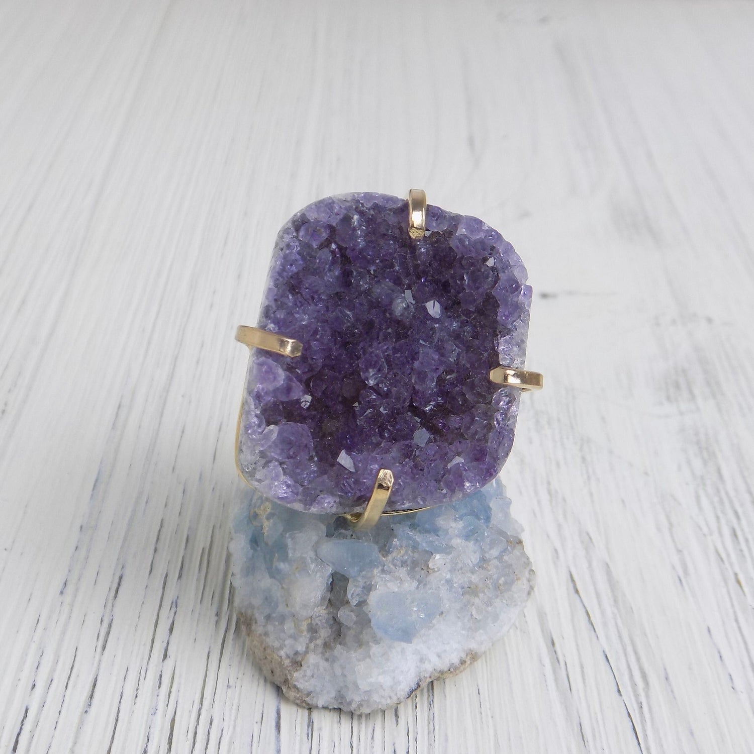 Raw Amethyst Ring, Lavender Raw Stone Ring, Adjustable Purple Crystal Ring, Large Birthstone Ring Gold, Birthday Gift Women, G14-207